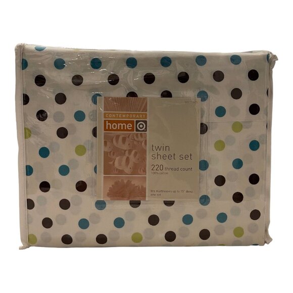 Target Contemporary Home Twin Sheet Set 220 Thread Count Polka A Dot Blue Green - Picture 1 of 3